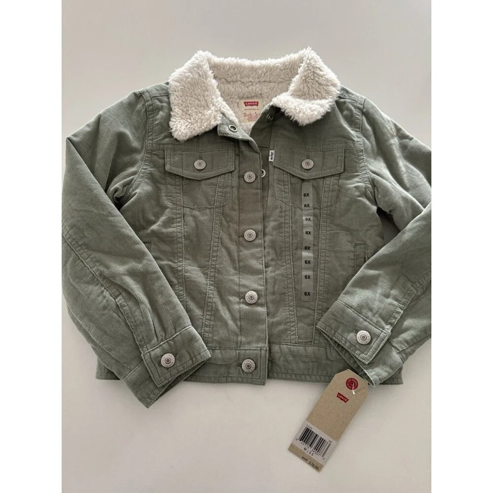 NEW Levis Girls Size 6-7 y Corduroy Trucker Jacket green Sherpa Lined warm cozy